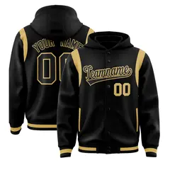 Black Shoulder Color Block Varsity Full-Snap Letterman Jacket Hoodie