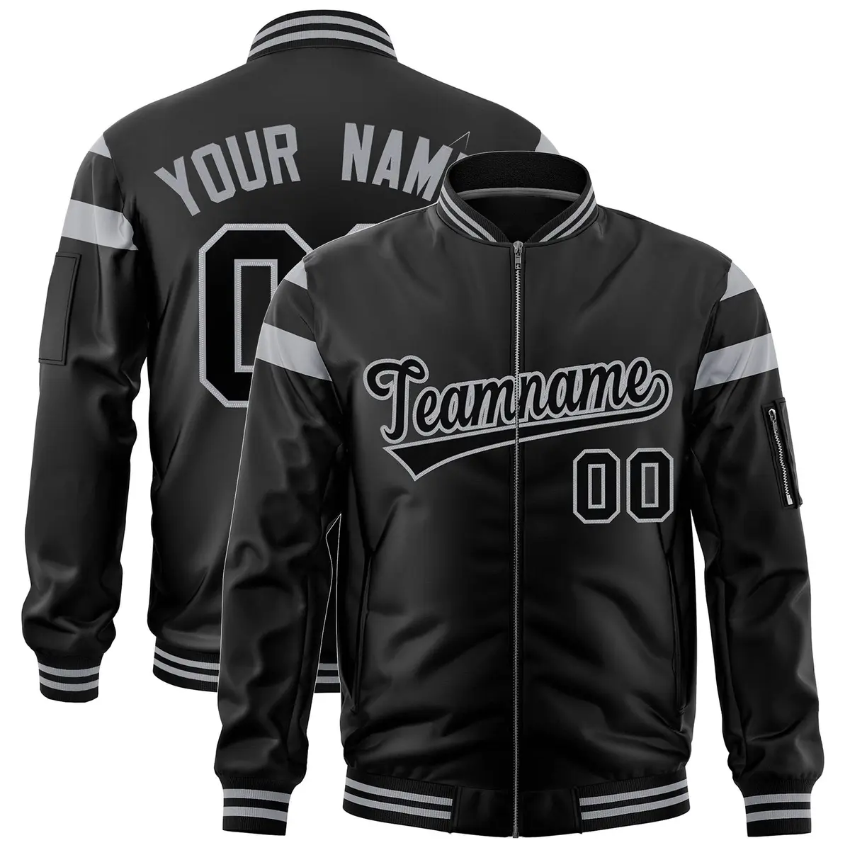 Black Silver-Black Shoulder Color Block Varsity Full-Zip Letterman Bomber Jacket