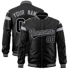 Black Silver-Black Shoulder Color Block Varsity Full-Zip Letterman Bomber Jacket