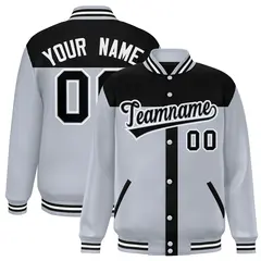 Black Silver Color Block Varsity Bomber Baseball Jacket 1