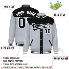 Black Silver Color Block Varsity Bomber Baseball Jacket 2