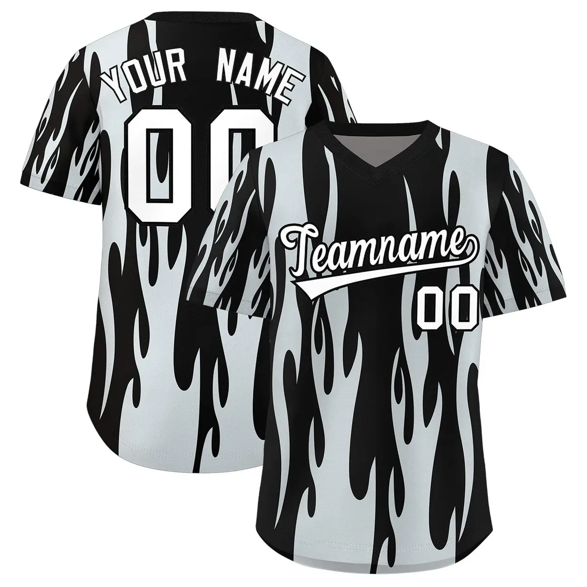 Black Silver Flame Pattern Pullover Baseball Jersey