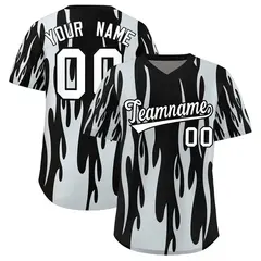 Black Silver Flame Pattern Pullover Baseball Jersey