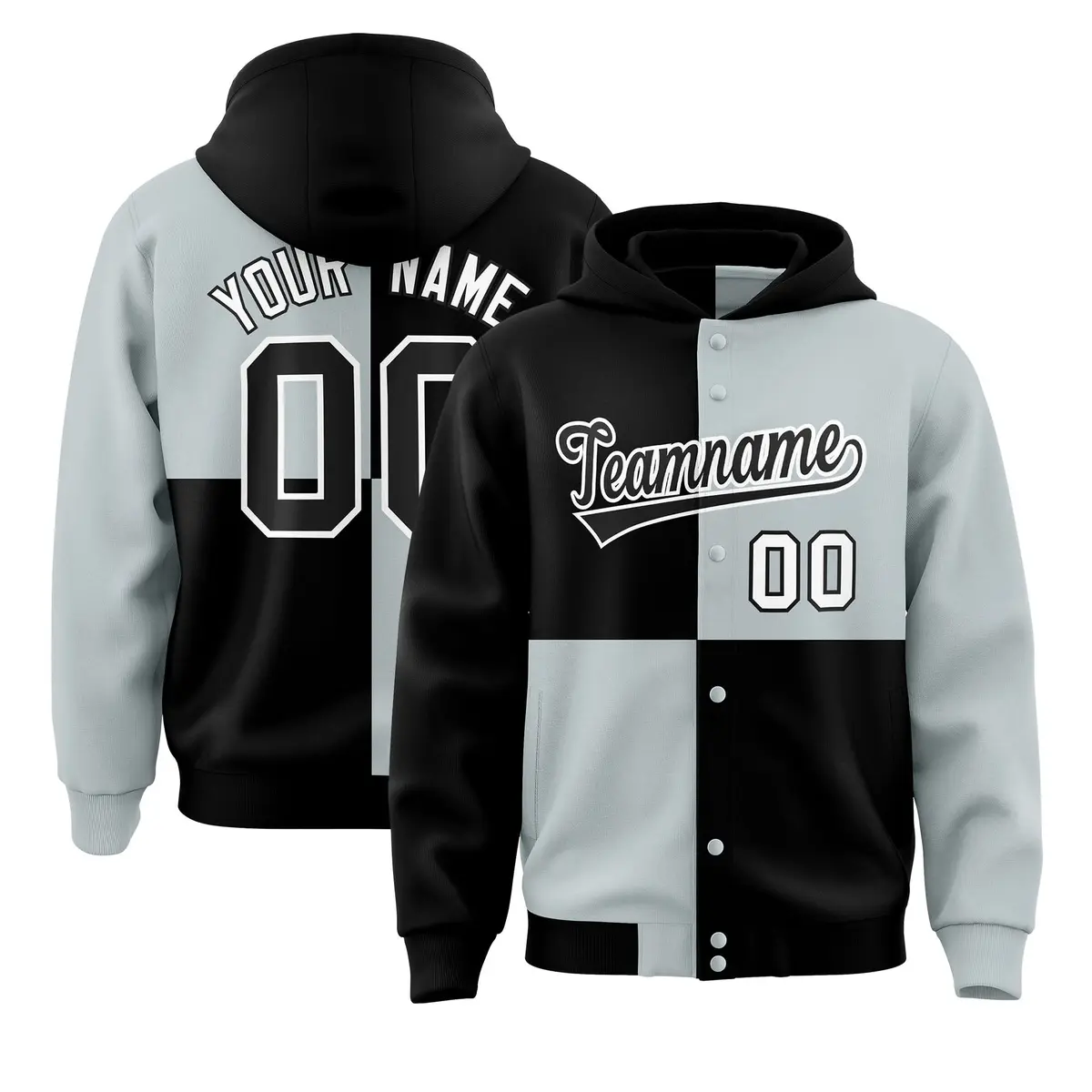 Black Silver Four Squares Color Block Varsity Letterman Jacket Hoodie