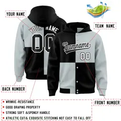 Black Silver Four Squares Color Block Varsity Letterman Jacket Hoodie 4