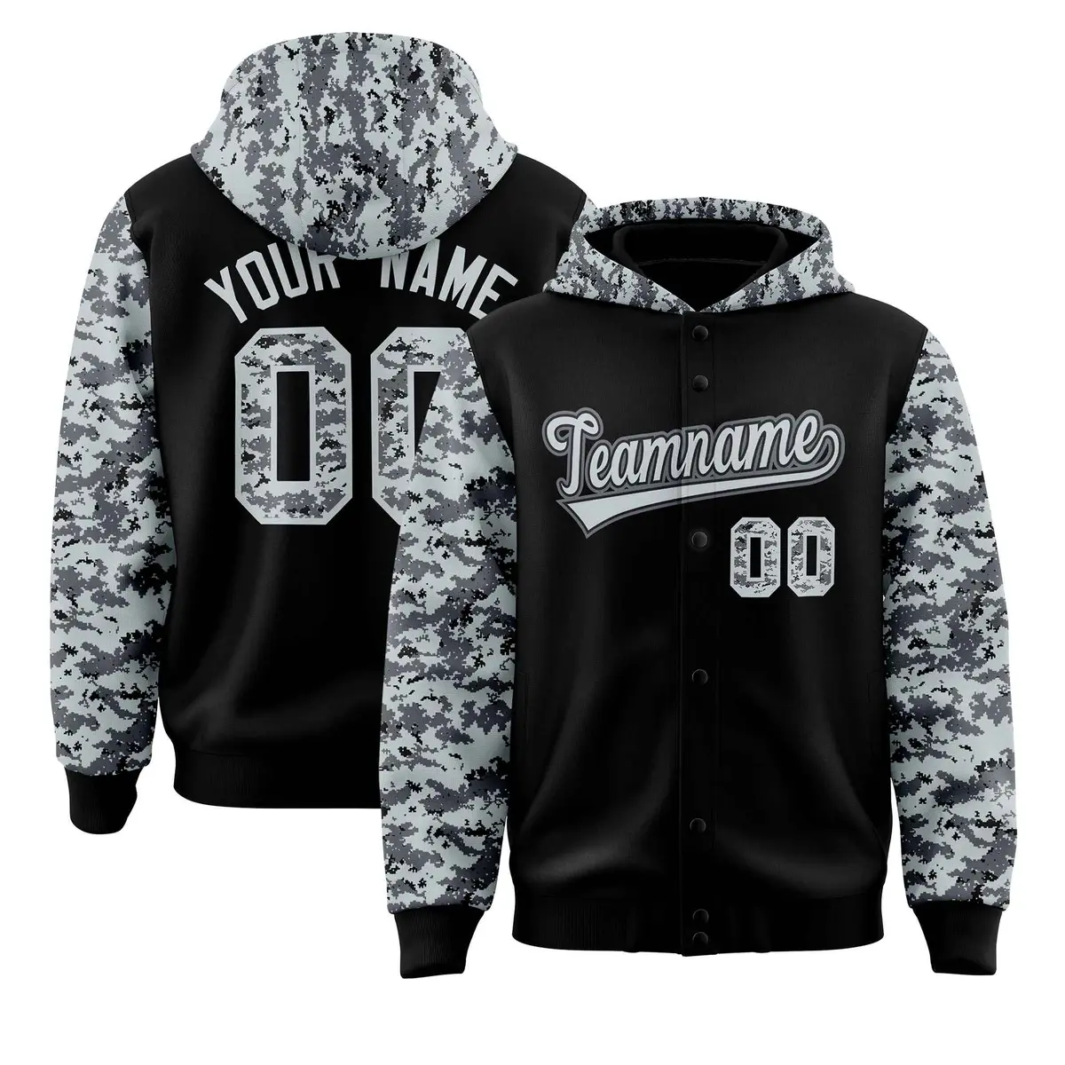 Black Silver-Gray Raglan Camo Varsity Letterman Jacket Hoodie