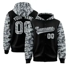 Black Silver-Gray Raglan Camo Varsity Letterman Jacket Hoodie 1