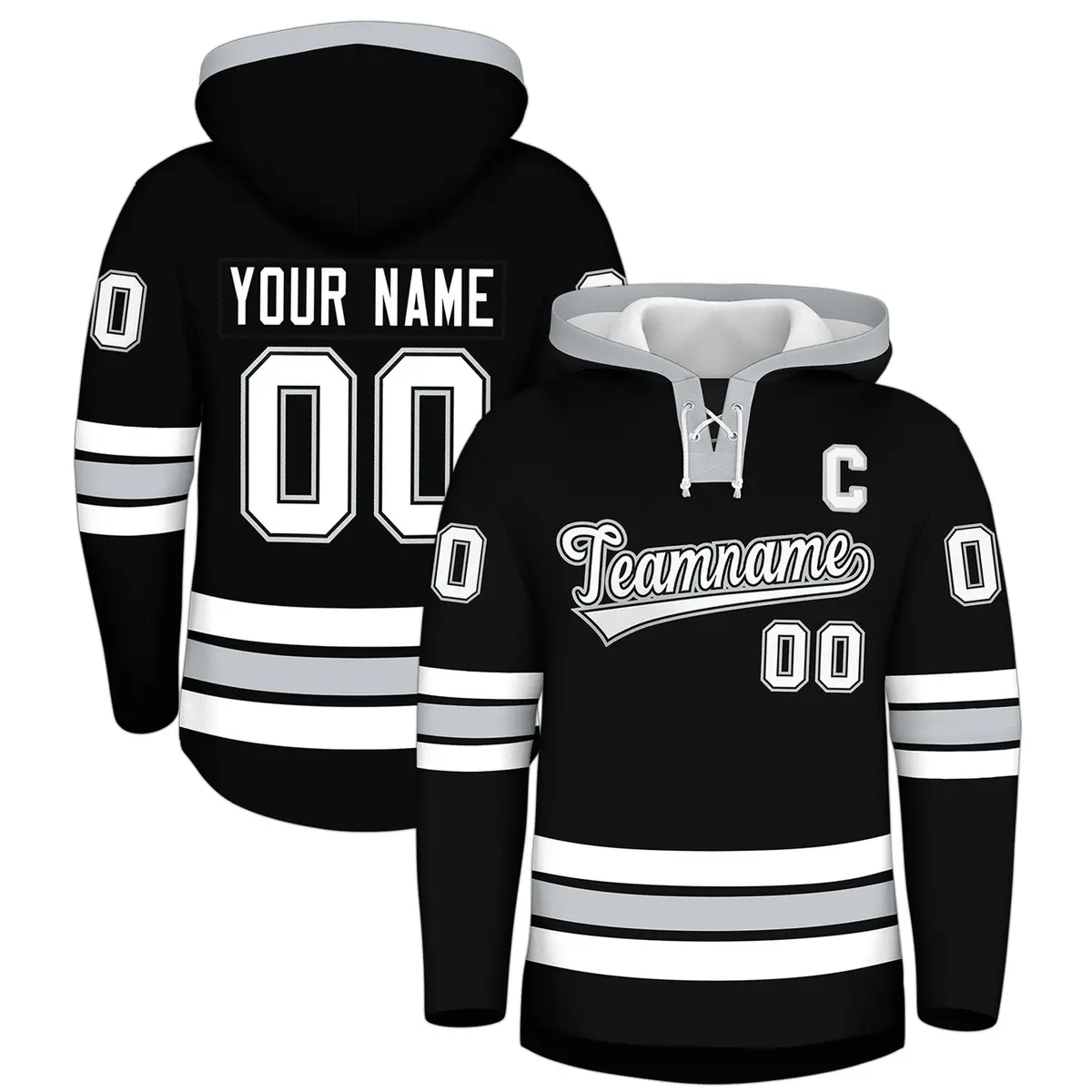 Black Silver Lace-Up Neck Classic Hockey Hoodie