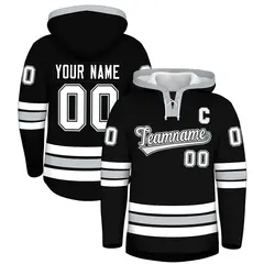 Black Silver Lace-Up Neck Classic Hockey Hoodie