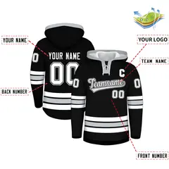 Black Silver Lace-Up Neck Classic Hockey Hoodie 2
