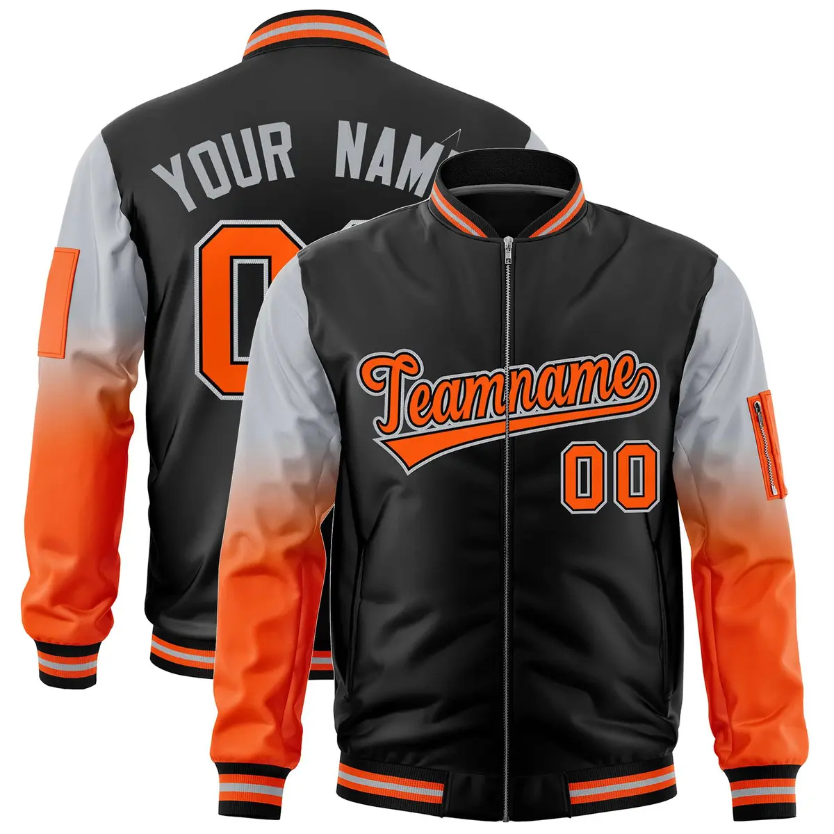Black Silver-Orange Raglan Gradient Full-Zip Varsity Letterman Bomber Jacket
