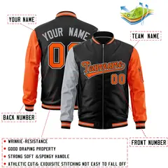Black Silver Orange Varsity Full-Zip Raglan Letterman Bomber Jacket 2