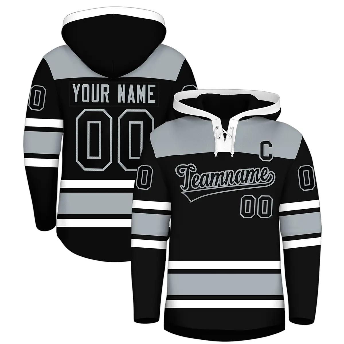 Black Silver Raglan Lace-Up Neck Hockey Hoodie Jersey
