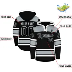 Black Silver Raglan Lace-Up Neck Hockey Hoodie Jersey 2