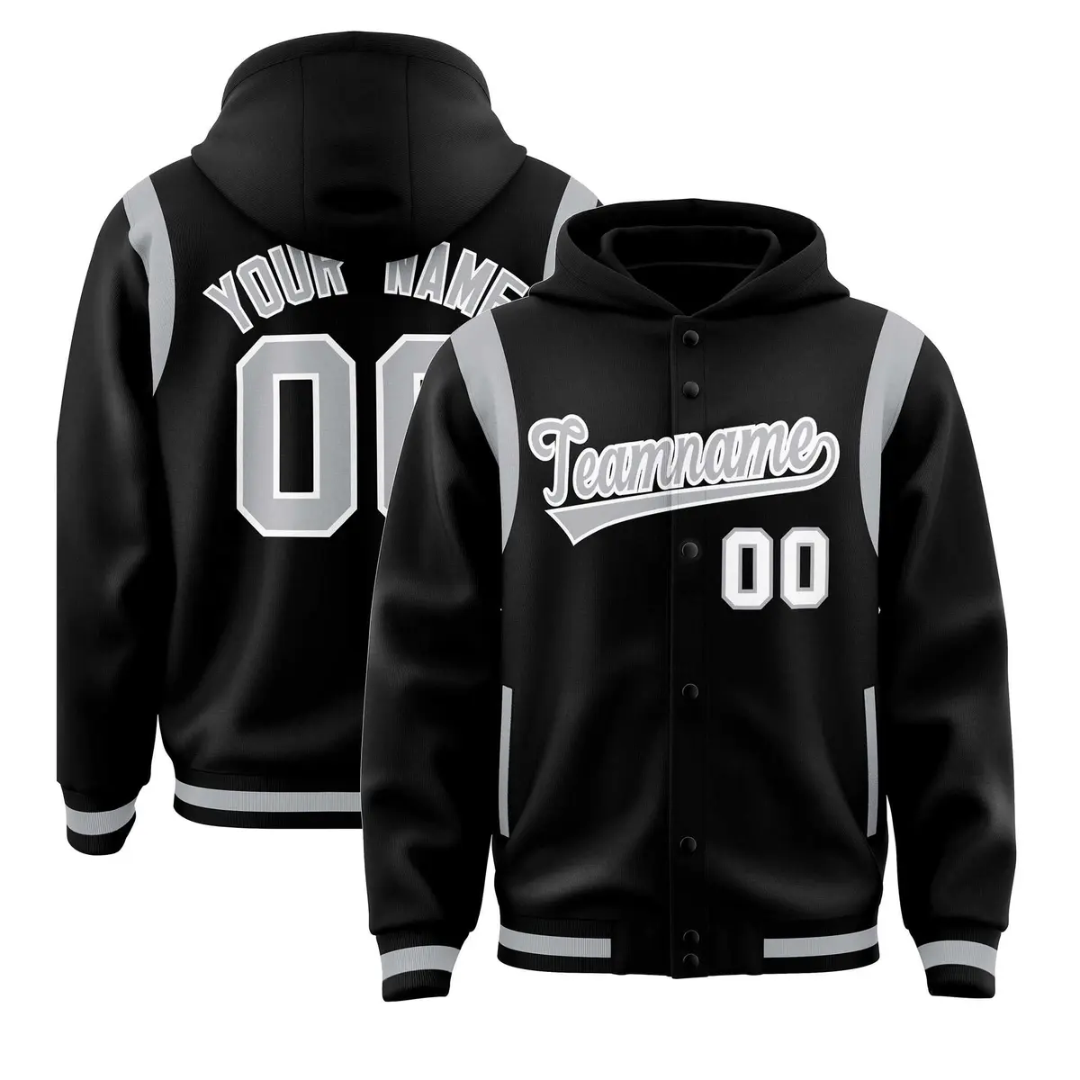 Black Silver Shoulder Color Block Varsity Letterman Jacket Hoodie