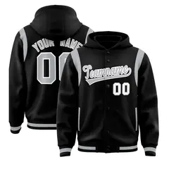 Black Silver Shoulder Color Block Varsity Letterman Jacket Hoodie
