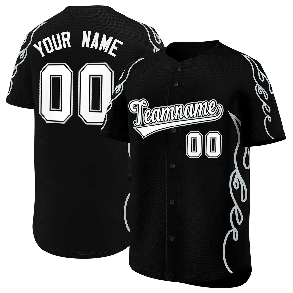 Black Silver Side Flame Outline Baseball Jersey