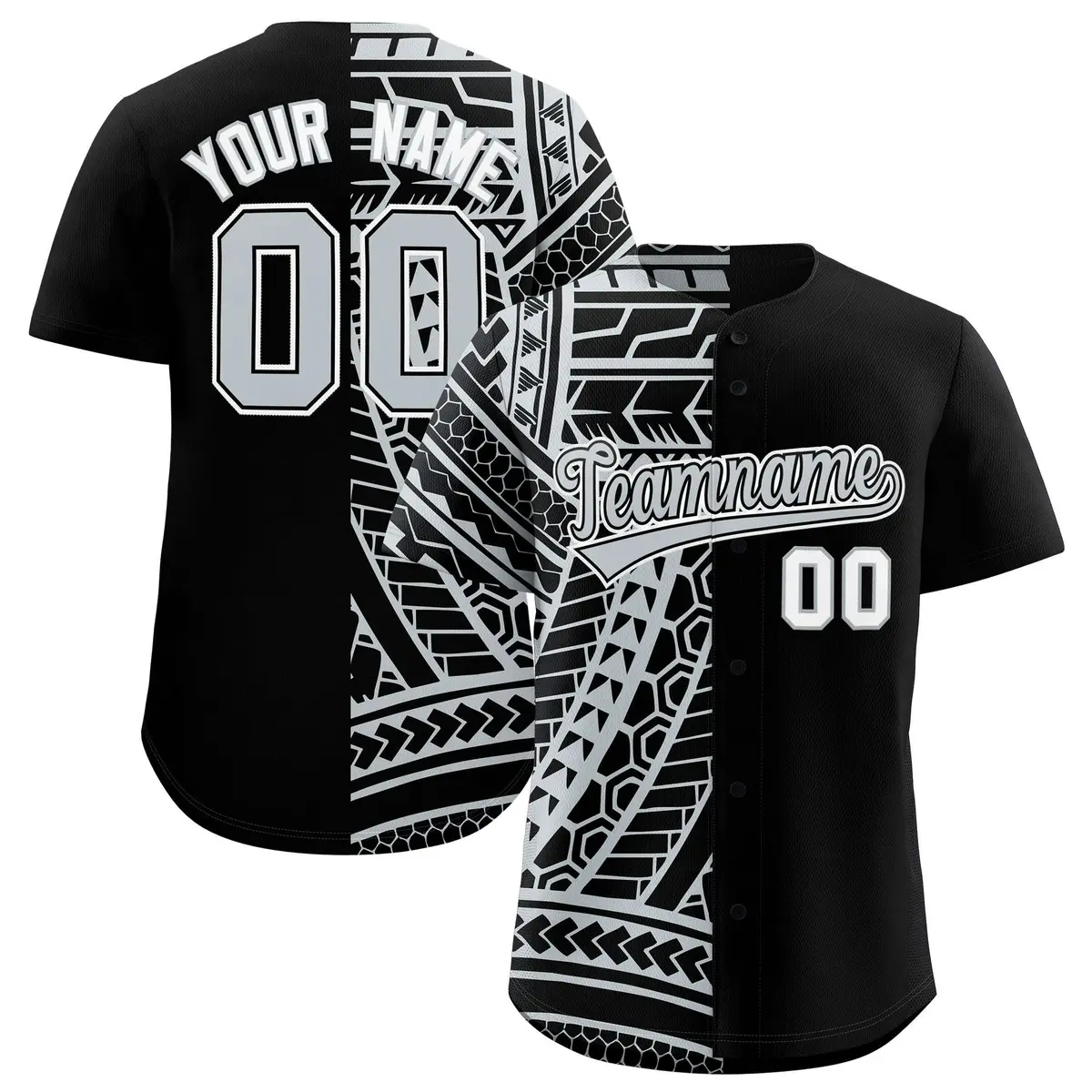 Black Silver Tribal Split Baseball Jersey