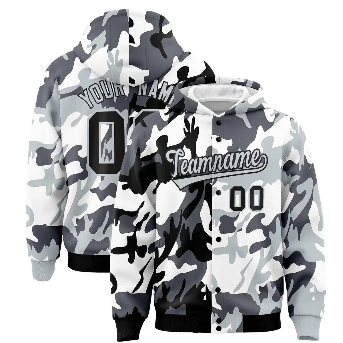 Black Silver Two Tone Full-Snap Varsity Letterman Jacket Hoodie