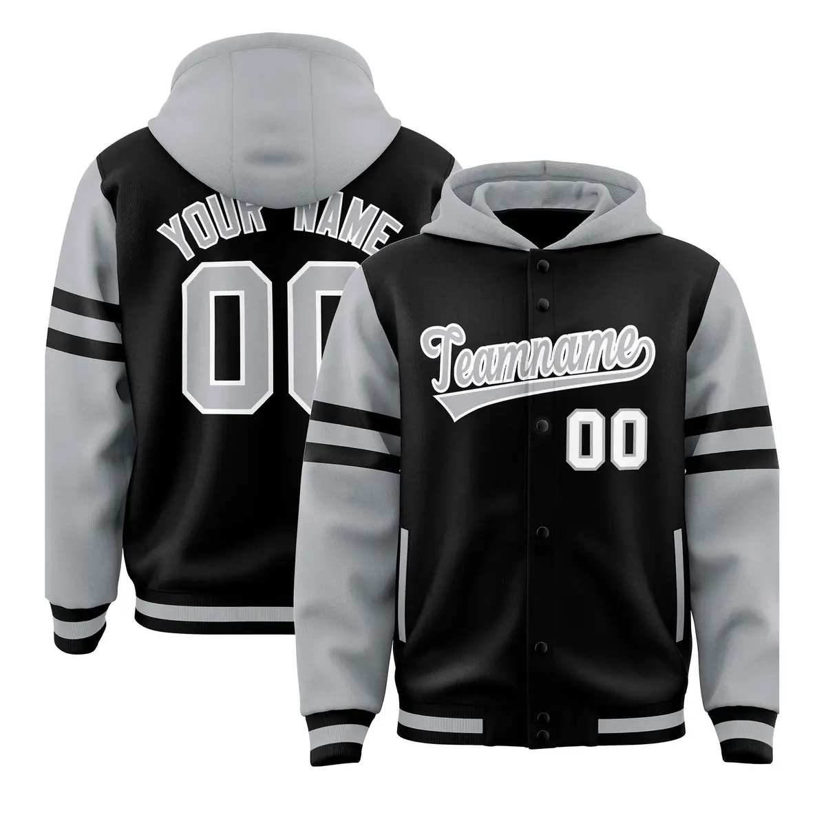 Black Silver Varsity Letterman Hoodie Jacket Raglan Three Stripes