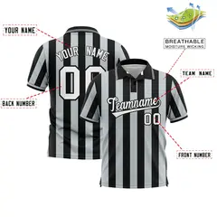 Black Silver Vertical Stripes Performance Polo Shirt 2