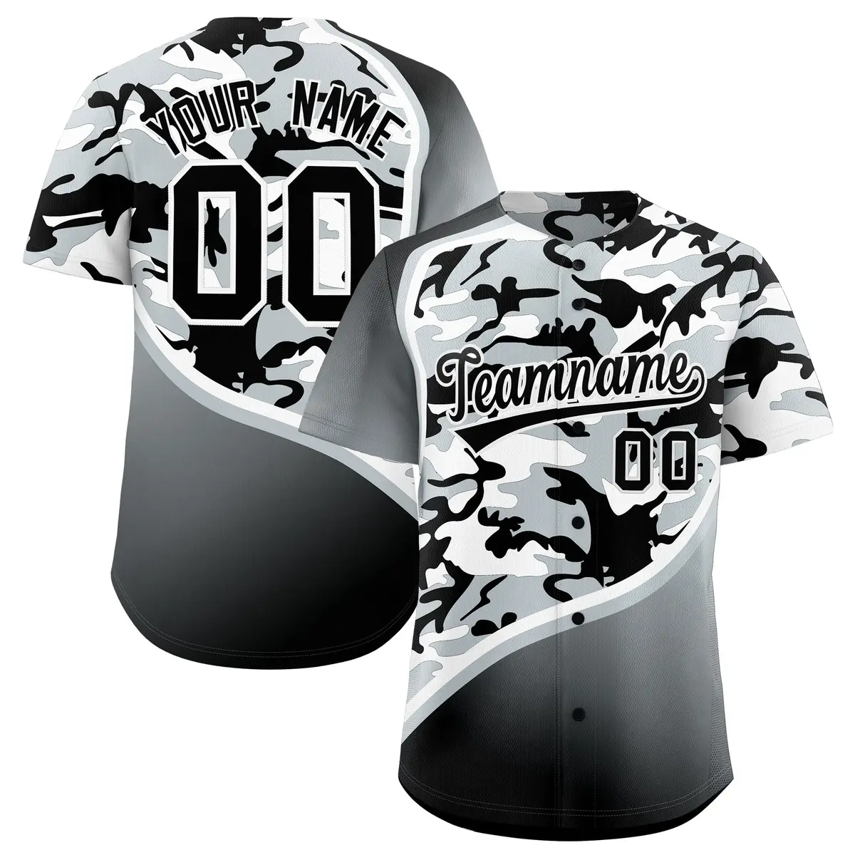 Black Silver White Camo Gradient Fashion Baseball Jersey