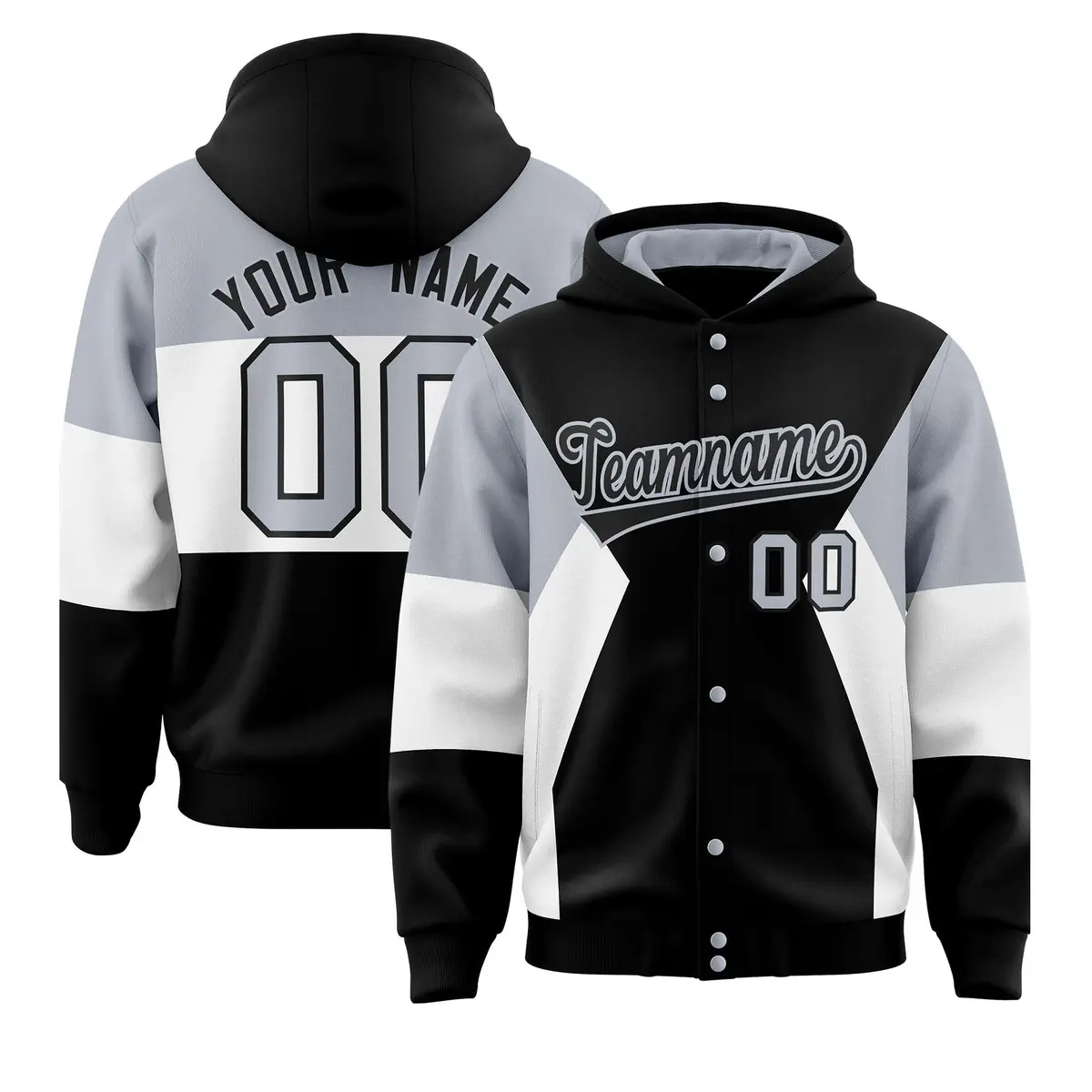 Black Silver-White Color Block Varsity Full-Snap Letterman Jacket Hoodie
