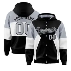 Black Silver-White Color Block Varsity Full-Snap Letterman Jacket Hoodie