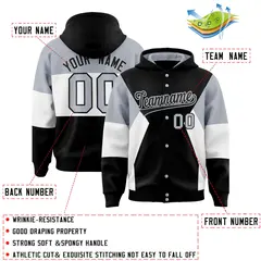 Black Silver-White Color Block Varsity Full-Snap Letterman Jacket Hoodie 4