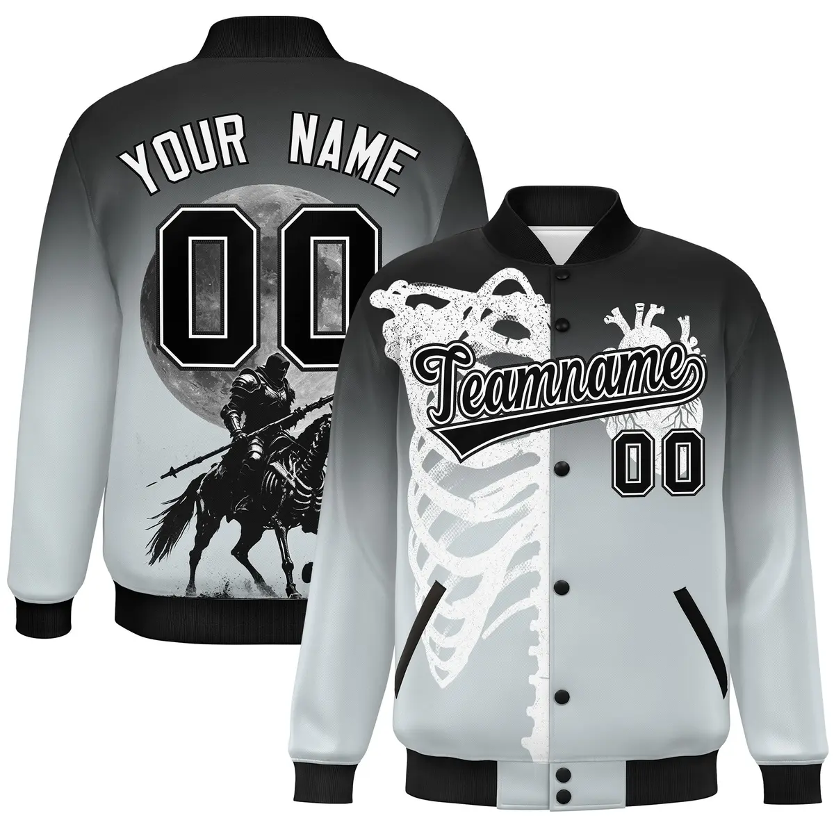 Black Silver White Halloween Skeleton Varsity Jacket Stretch Fabric