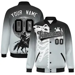 Black Silver White Halloween Skeleton Varsity Jacket Stretch Fabric