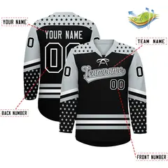 Black Silver White Star Series Lace-Up Neck Hockey Jersey 2