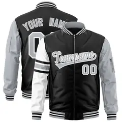 Black Silver-White Stripe Raglan Varsity Full-Zip Letterman Bomber Jacket