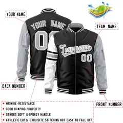 Black Silver-White Stripe Raglan Varsity Full-Zip Letterman Bomber Jacket 2