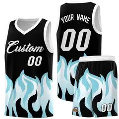 Black Sky Blue Flame Pattern Hem Basketball Jersey