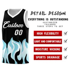 Black Sky Blue Flame Pattern Hem Basketball Jersey 2