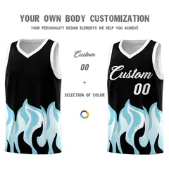 Black Sky Blue Flame Pattern Hem Basketball Jersey 3
