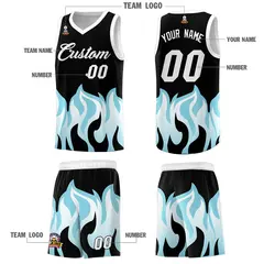 Black Sky Blue Flame Pattern Hem Basketball Jersey 5