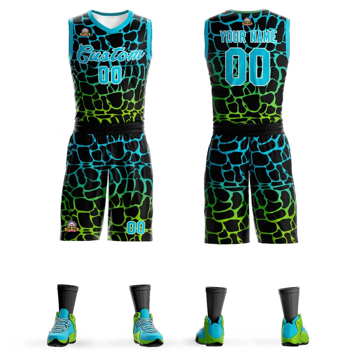 Black Sky Blue-Neon Green Spotted Graffiti Basketball Jersey