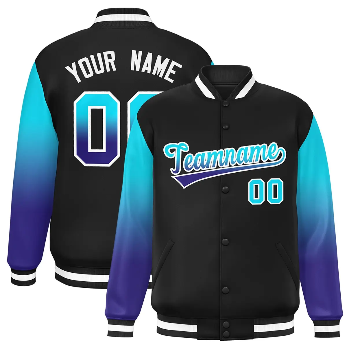 Black Sky Blue-Royal Gradient Varsity Full-Snap Raglan Baseball Jacket