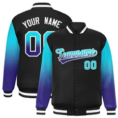 Black Sky Blue-Royal Gradient Varsity Full-Snap Raglan Baseball Jacket