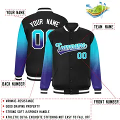 Black Sky Blue-Royal Gradient Varsity Full-Snap Raglan Baseball Jacket 2