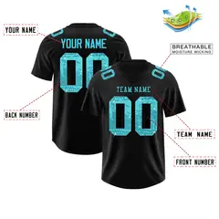 Black Sky Blue Sequin Lettering Football Jersey 2