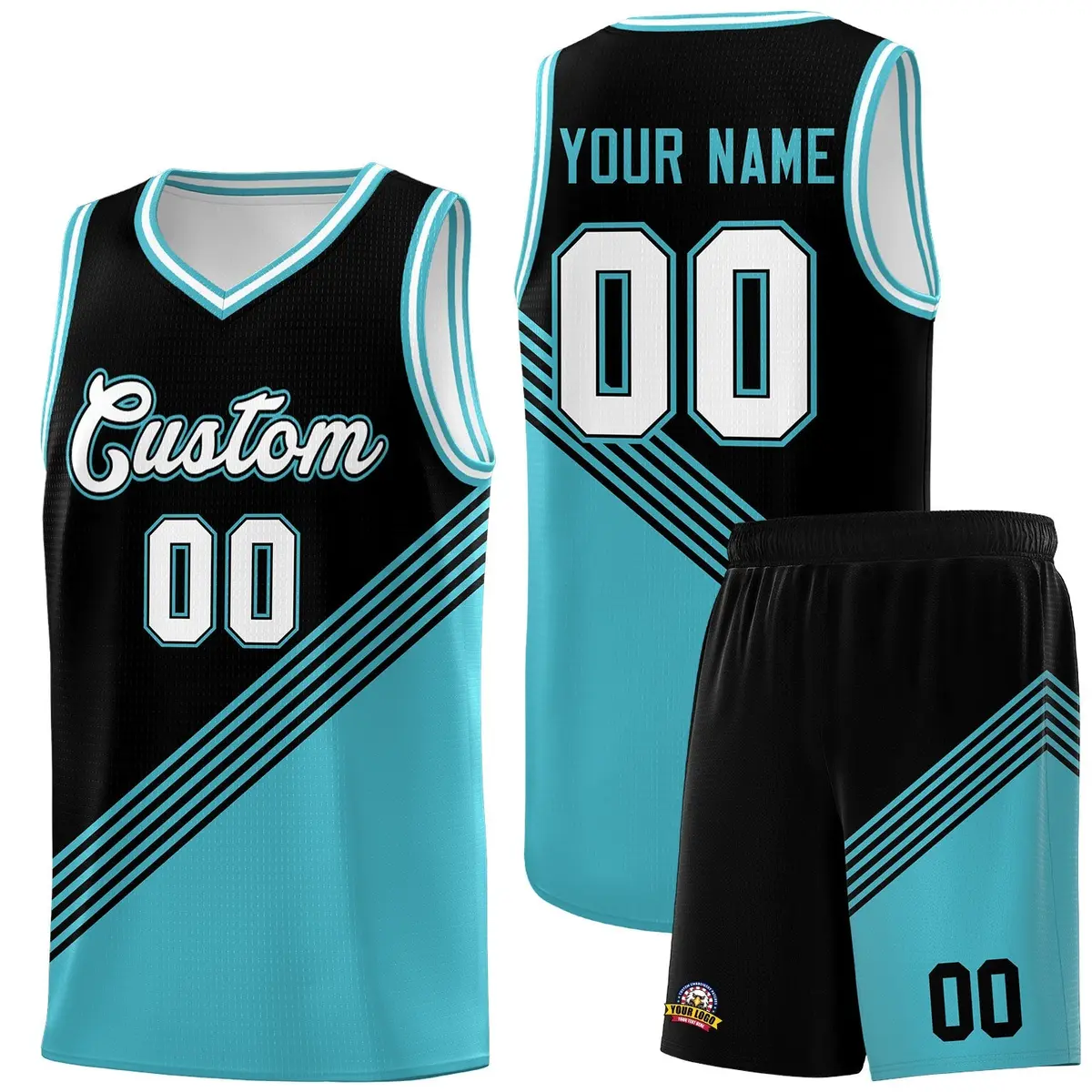 Black Sky Blue White Diagonal Stripes Color Block Basketball Jersey