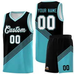 Black Sky Blue White Diagonal Stripes Color Block Basketball Jersey 1