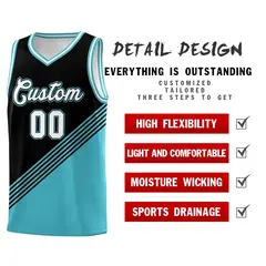 Black Sky Blue White Diagonal Stripes Color Block Basketball Jersey 2