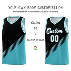Black Sky Blue White Diagonal Stripes Color Block Basketball Jersey 3