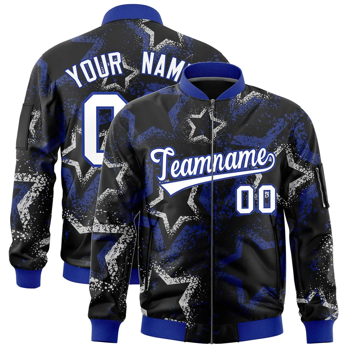 Black Star Pattern Varsity Full-Zip Letterman Bomber Jacket
