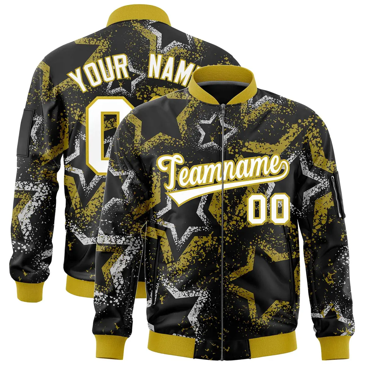 Black Star Pattern Varsity Full-Zip Letterman Bomber Jacket