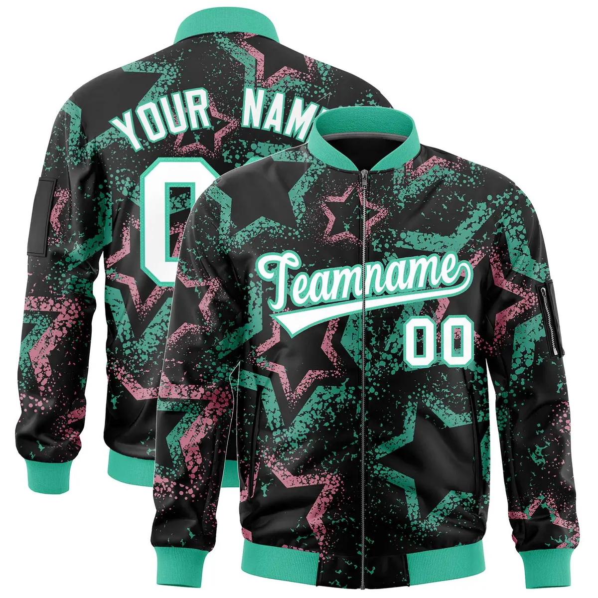 Black Star Pattern Varsity Full-Zip Letterman Bomber Jacket